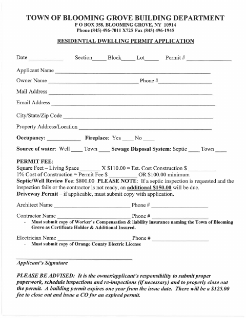 First page of the Residential Dwelling Permit Application