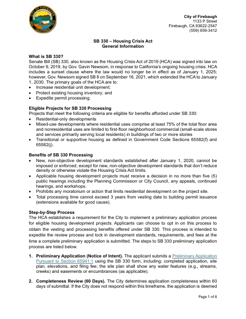 First page of the SB 330 Housing Crisis Act Preliminary Application