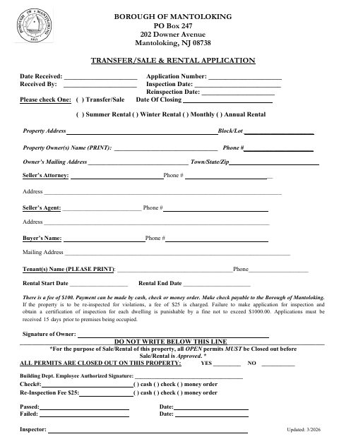 First page of the Transfer/Sale & Rental Application