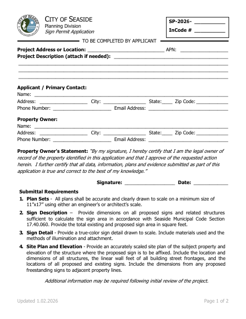 First page of the Sign Permit Application