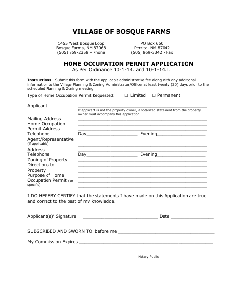 First page of the Home Occupation Permit Application
