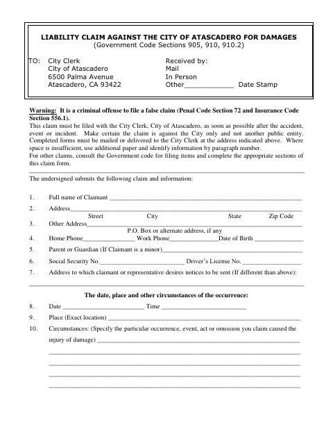 First page of the Liability Claim Form