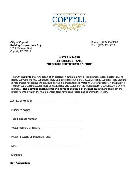 First page of the Water Heater Expansion Tank Pressure Certification Form