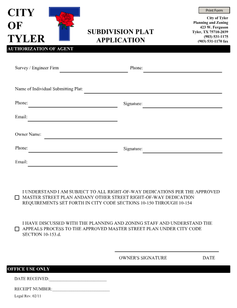 First page of the Subdivision Plat Application