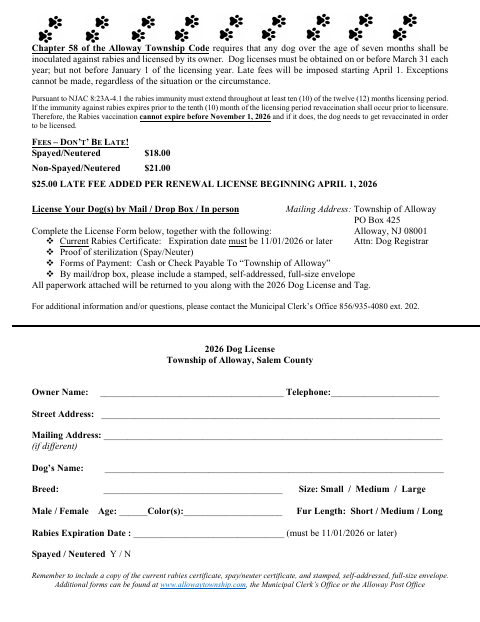 First page of the Dog License Form