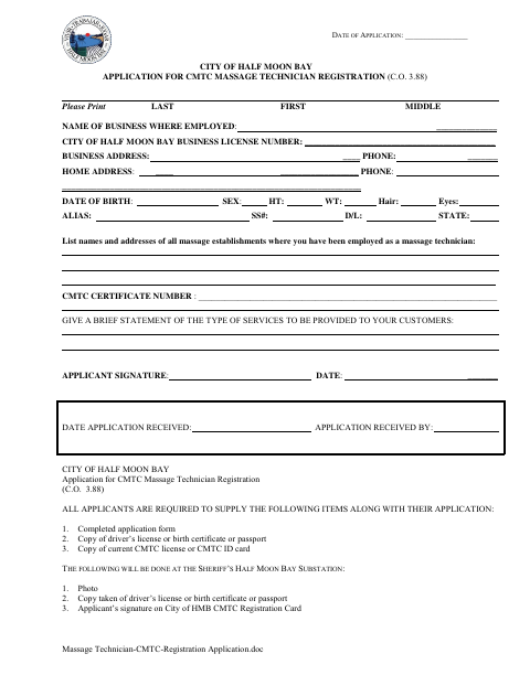 First page of the CMTC Massage Technician Registration Application