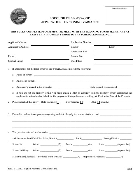 First page of the Application for Zoning Variance