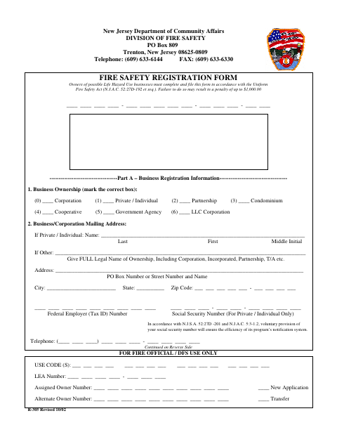 First page of the Fire Safety Registration Form