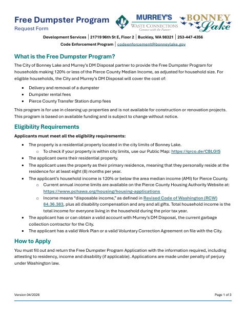 First page of the Free Dumpster Program Request Form