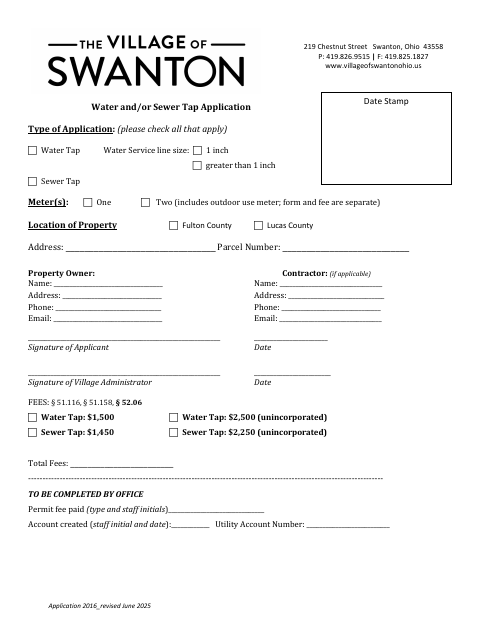 First page of the Water and/or Sewer Tap Application