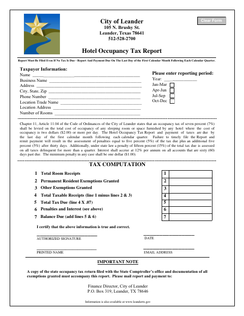 First page of the Hotel Occupancy Tax Report