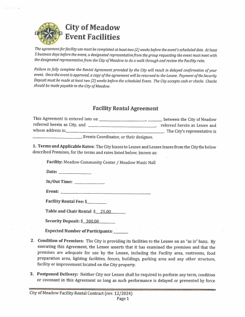 First page of the Facility Rental Agreement