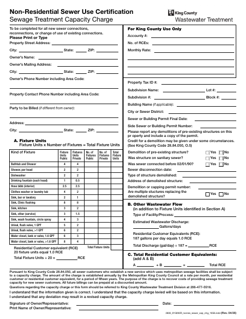 First page of the Non-Residential Sewer Use Certification