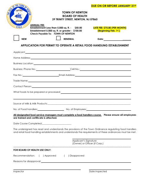 First page of the Application for Permit to Operate a Retail Food Handling Establishment