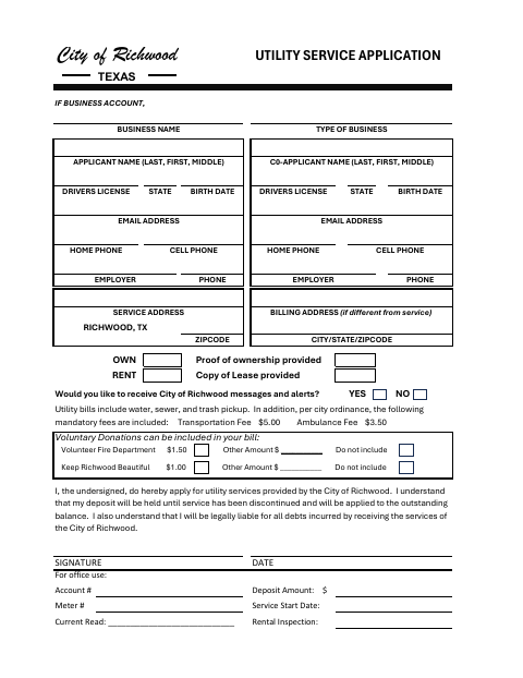 First page of the Utility Service Application