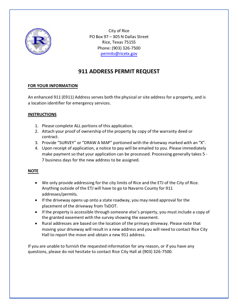 First page of the 911 Address Permit Application