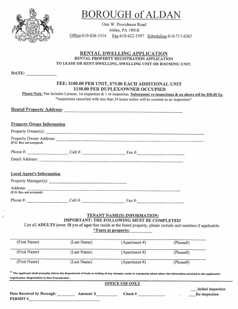 First page of the Rental Dwelling Application