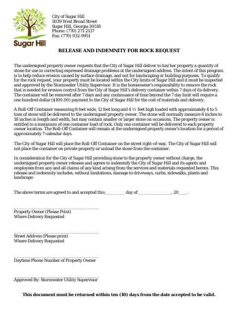 First page of the Release and Indemnity for Rock Request