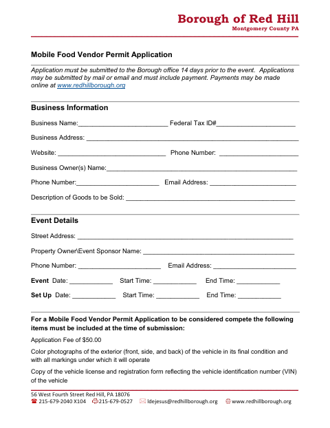 First page of the Mobile Food Vendor Permit Application