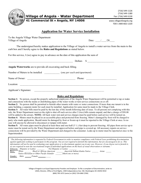 First page of the Application for Water Service Installation