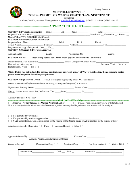 First page of the Zoning Permit for Waiver of Site Plan – New Tenant