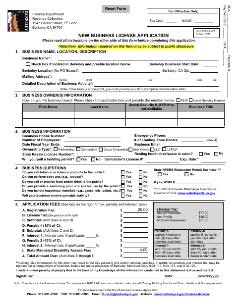 First page of the New Business License Application