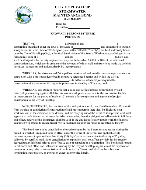 First page of the Stormwater Maintenance Bond