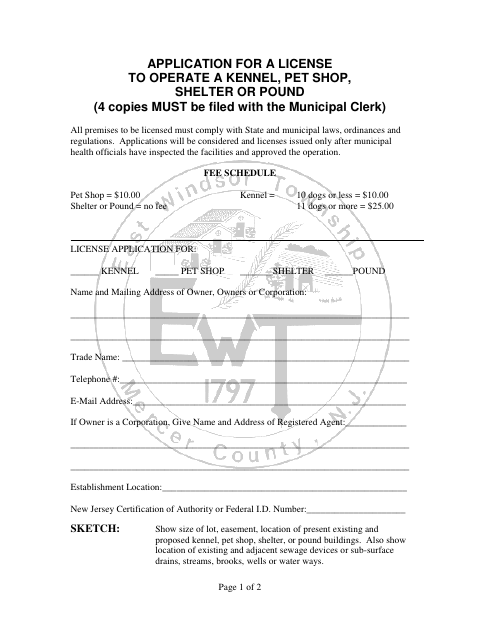 First page of the Application for a License to Operate a Kennel, Pet Shop, Shelter or Pound