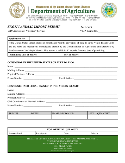 First page of the Exotic Animal Import Permit