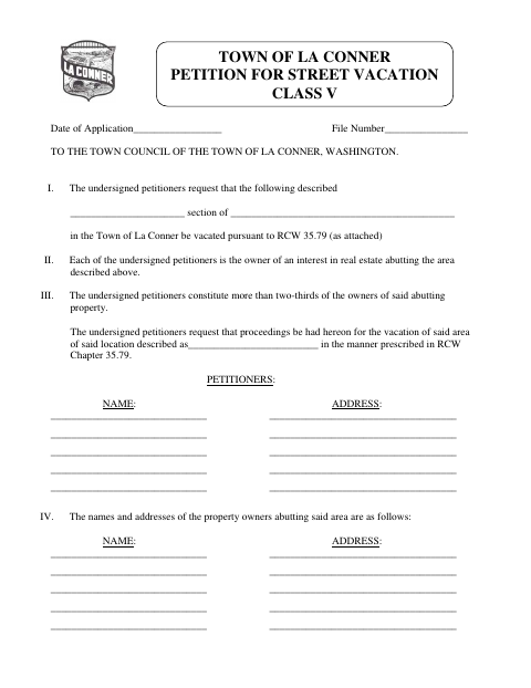 First page of the Street Vacation Petition Application Class V