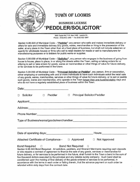 First page of the Solicitor / Peddler License Application