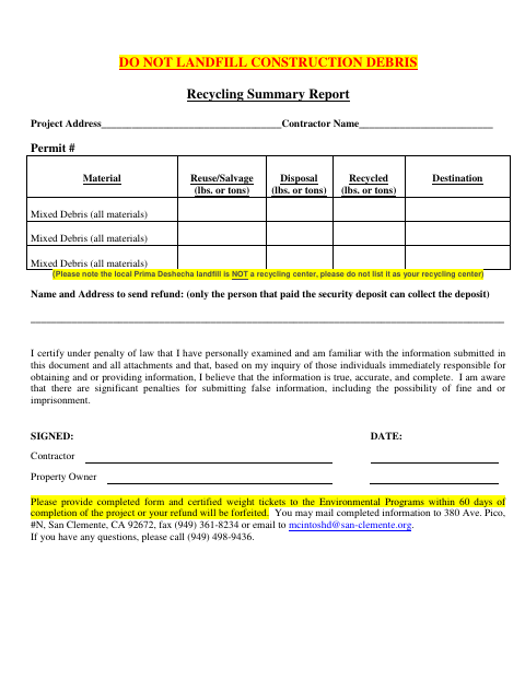 First page of the Recycling Summary Report