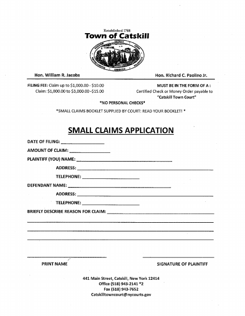 First page of the Small Claims Application