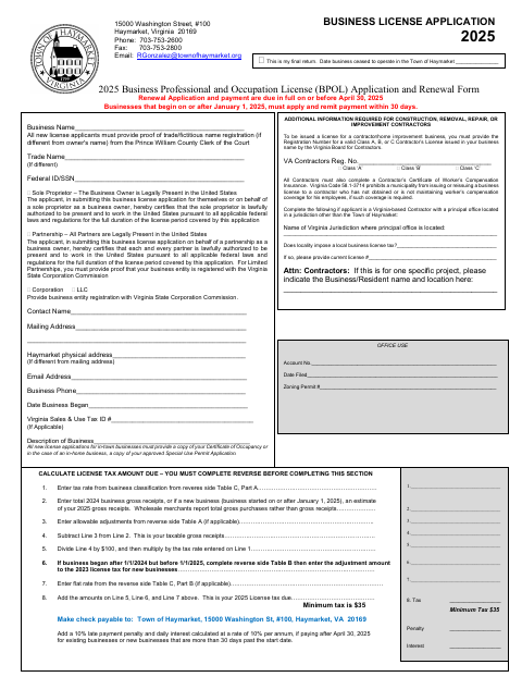 First page of the 2025 Business Professional and Occupation License Application and Renewal Form
