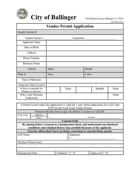 First page of the Food Truck Vendor Permit Application