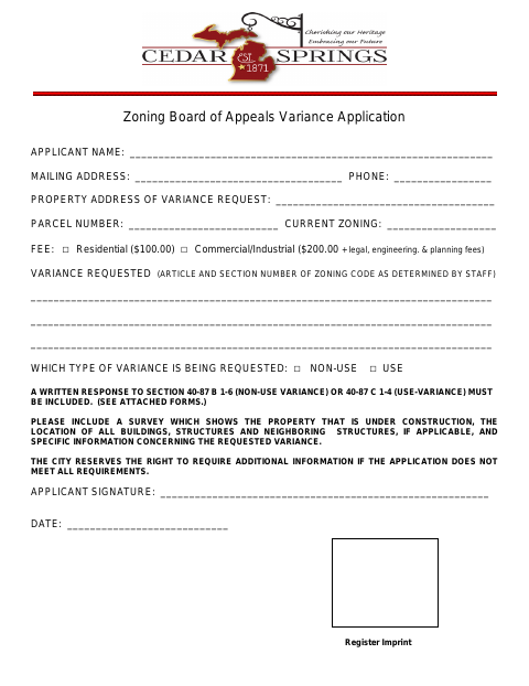 First page of the Zoning Board of Appeals Variance Application