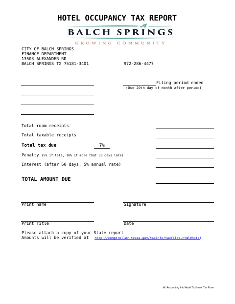 First page of the Hotel Occupancy Tax Report