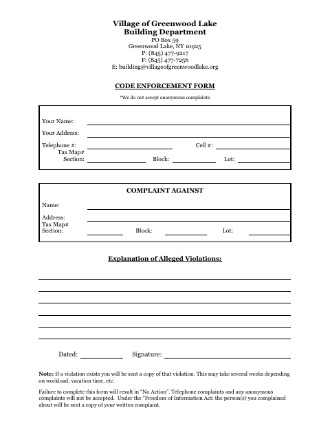 First page of the Code Enforcement Form
