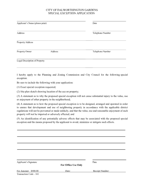 First page of the Special Exception Application