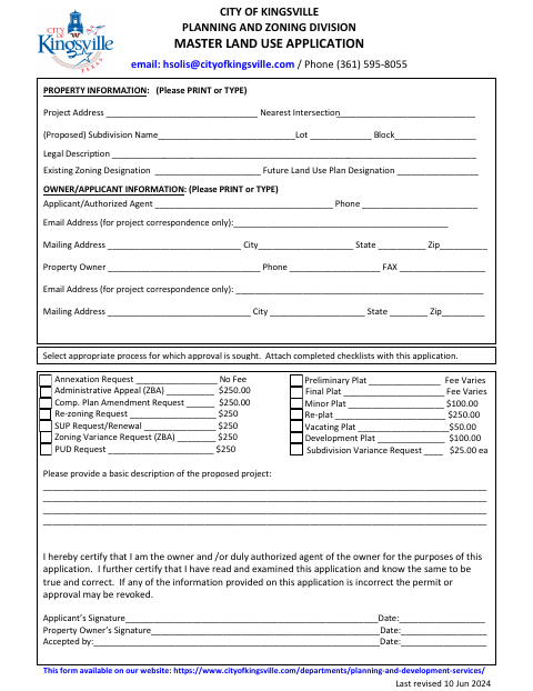 First page of the Master Land Use Application