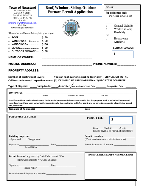 First page of the Roof, Window, Siding, Outdoor Furnace Permit Application
