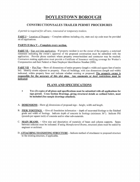 First page of the Construction/Sales Trailer Permit Application