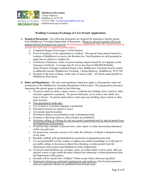First page of the Wedding Ceremony/Exchange of Vows Permit Application