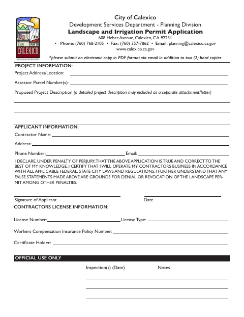 First page of the Landscape and Irrigation Permit Application