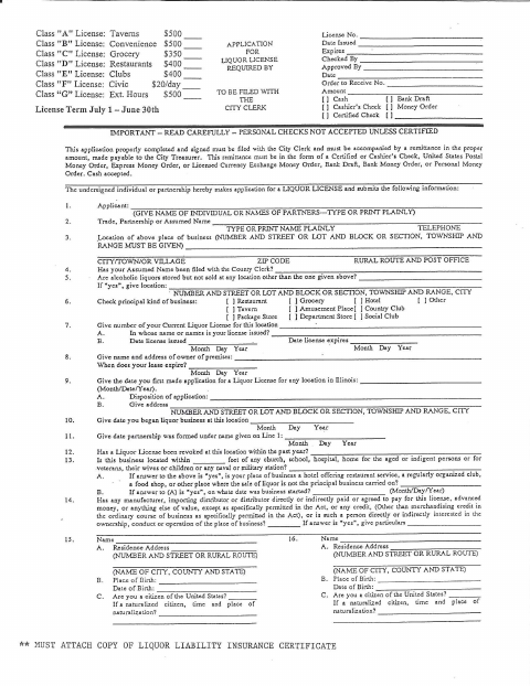 First page of the Liquor License Application