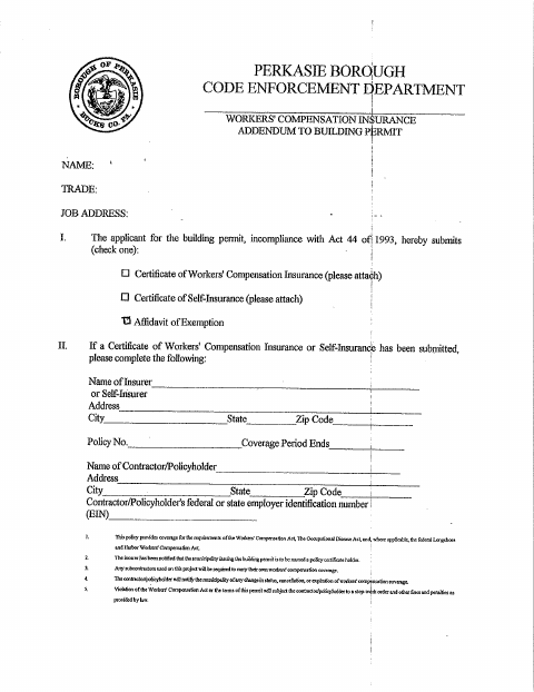 First page of the Workers’ Compensation Insurance Addendum to Building Permit