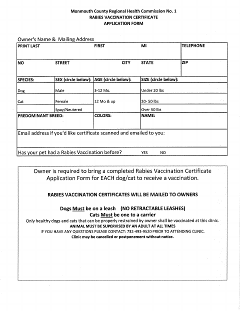 First page of the Rabies Vaccination Certificate Application