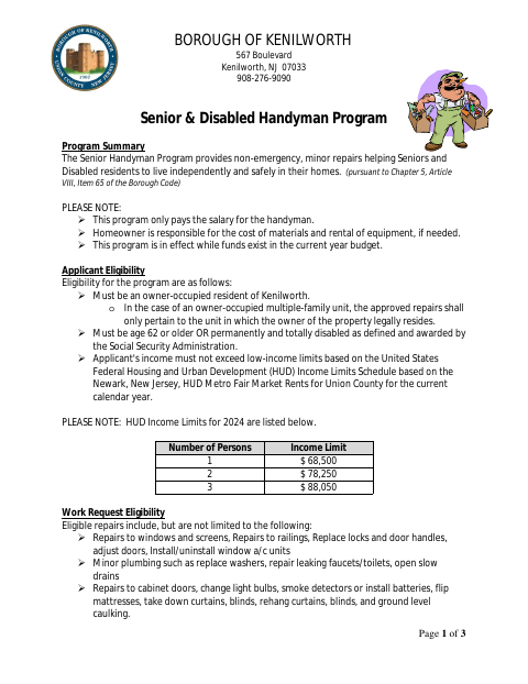 First page of the Senior & Disabled Handyman Program Application