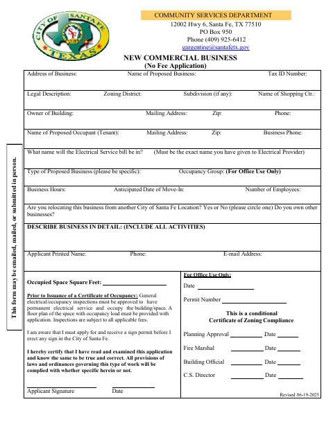 First page of the New Commercial Business Application