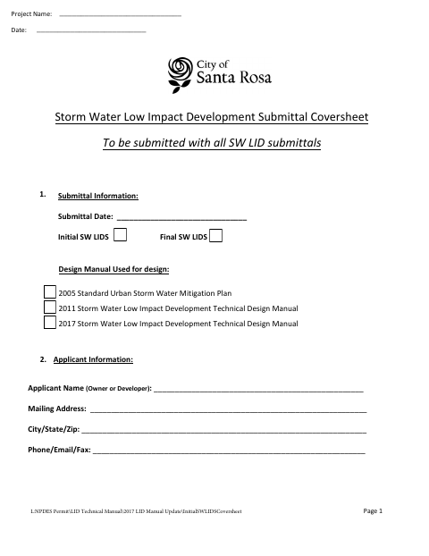 First page of the Storm Water LID Determination Worksheet